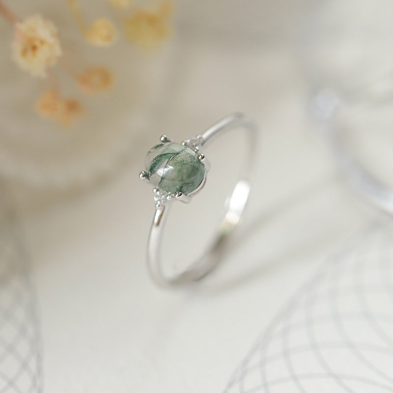 S925 Silver Green Moss Ring Water Plants Agate Female Finger Ring