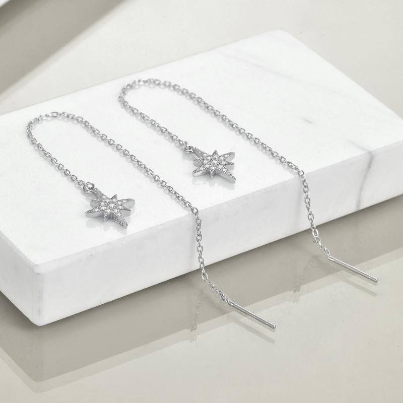 Sterling Silver Star Threader Long Chains Dangle Drop Earrings