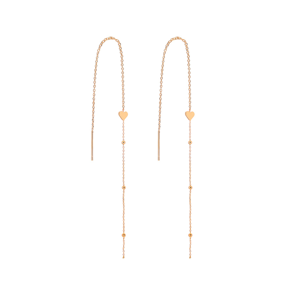 Gold Bronze Heart Long Tassel Drop Earrings