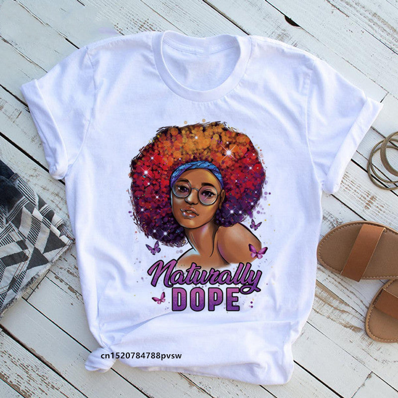 European And American Plus Size Casual Women'S Summer New Style African Black Girl Print Ladies T-Shirt Comfortable Modal Loose