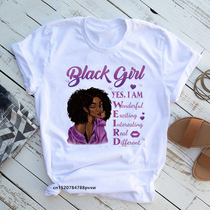 European And American Plus Size Casual Women'S Summer New Style African Black Girl Print Ladies T-Shirt Comfortable Modal Loose