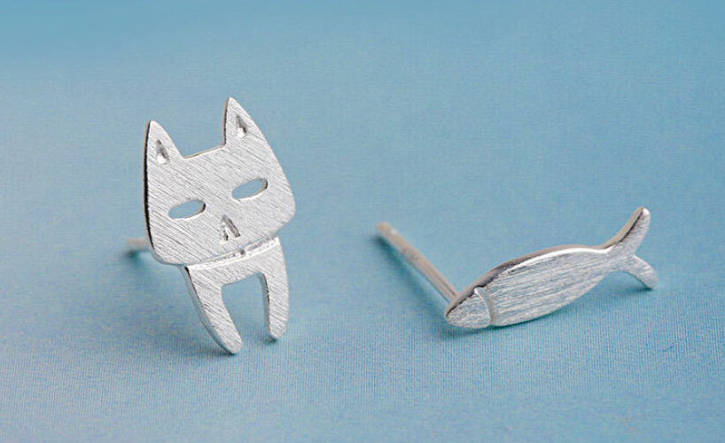 S925 Sterling Silver Stud  Detachable Cat Fish Pin Earrings