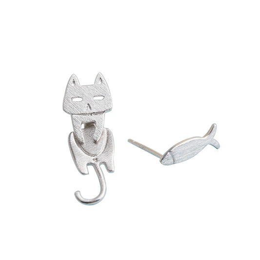 S925 Sterling Silver Stud  Detachable Cat Fish Pin Earrings