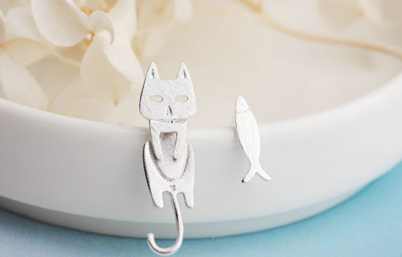 S925 Sterling Silver Stud  Detachable Cat Fish Pin Earrings