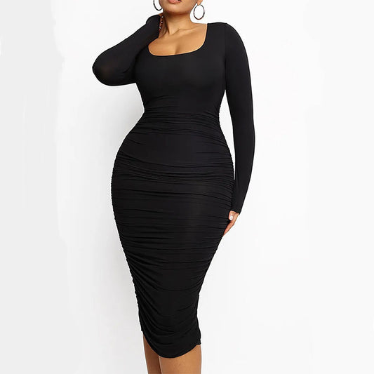 Women's Square Neck Sexy Shaping Pleated Buttock Dress