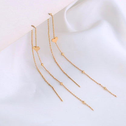 Gold Bronze Heart Long Tassel Drop Earrings