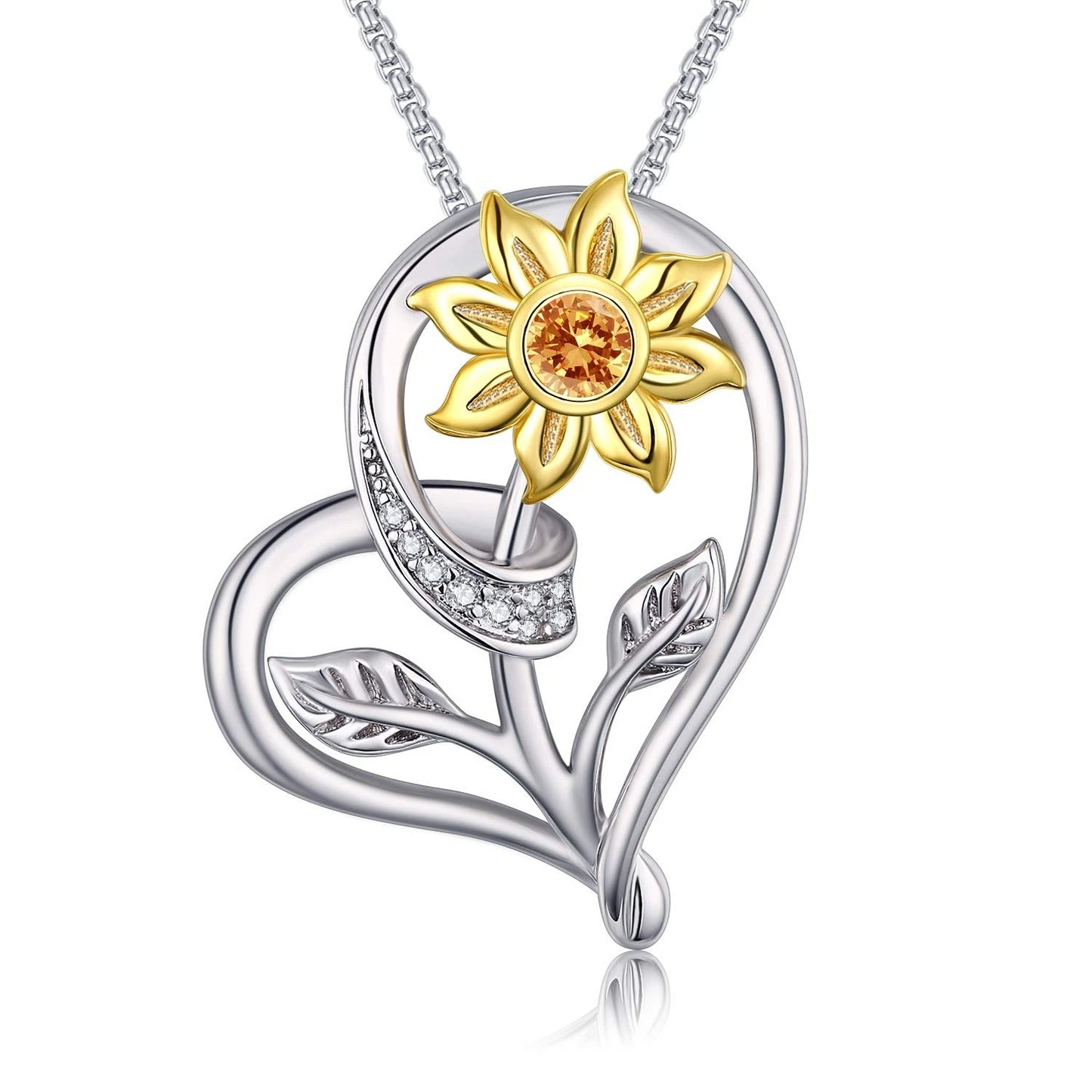 Sterling Silver Heart Sun Flower Zircon Pendant Necklace