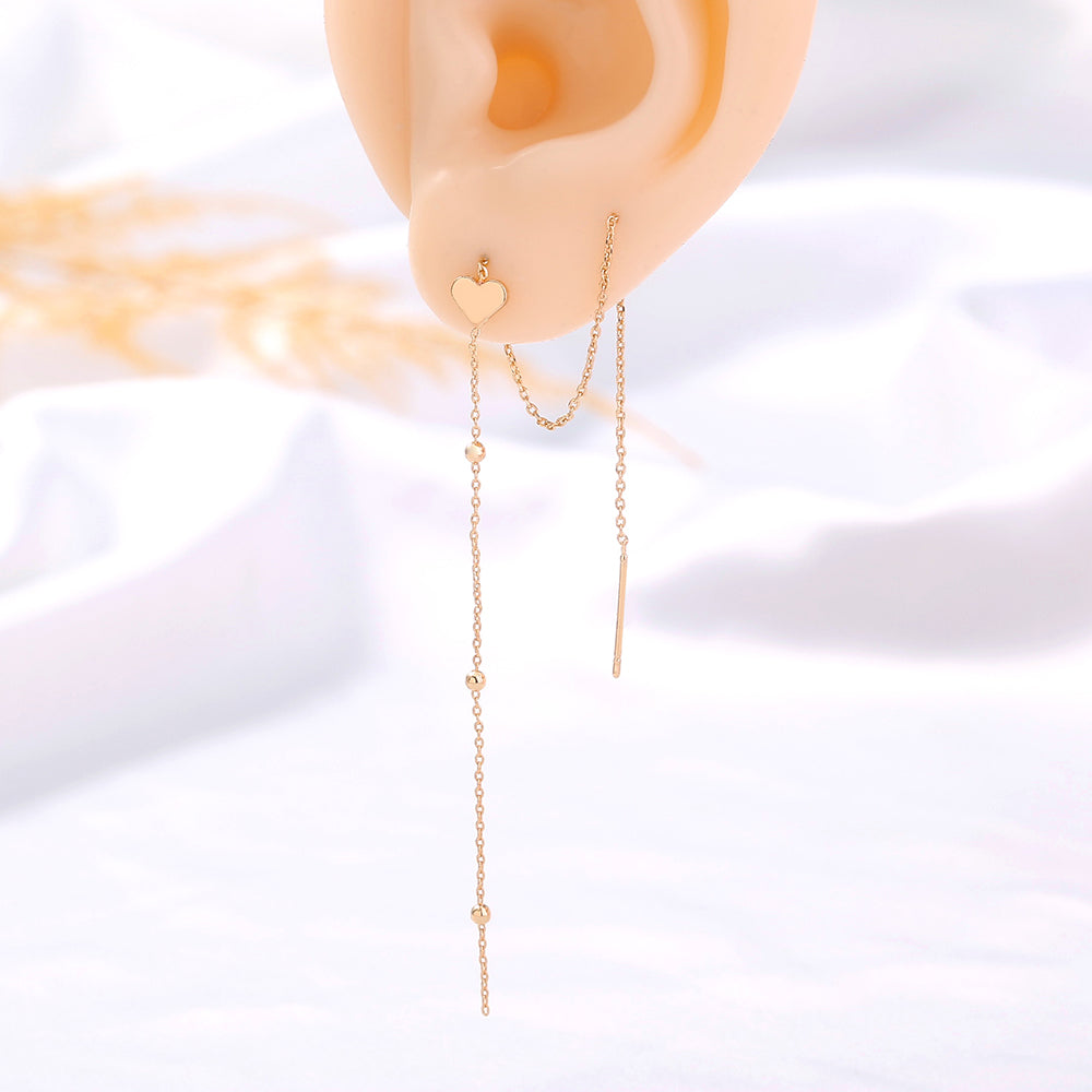 Gold Bronze Heart Long Tassel Drop Earrings