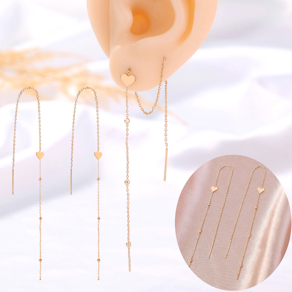 Gold Bronze Heart Long Tassel Drop Earrings