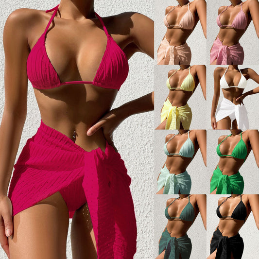 3pcs Swimsuit Set Beach Solid Color Sexy Backless Bikini With Mesh Skirt Summer Women's Clothing