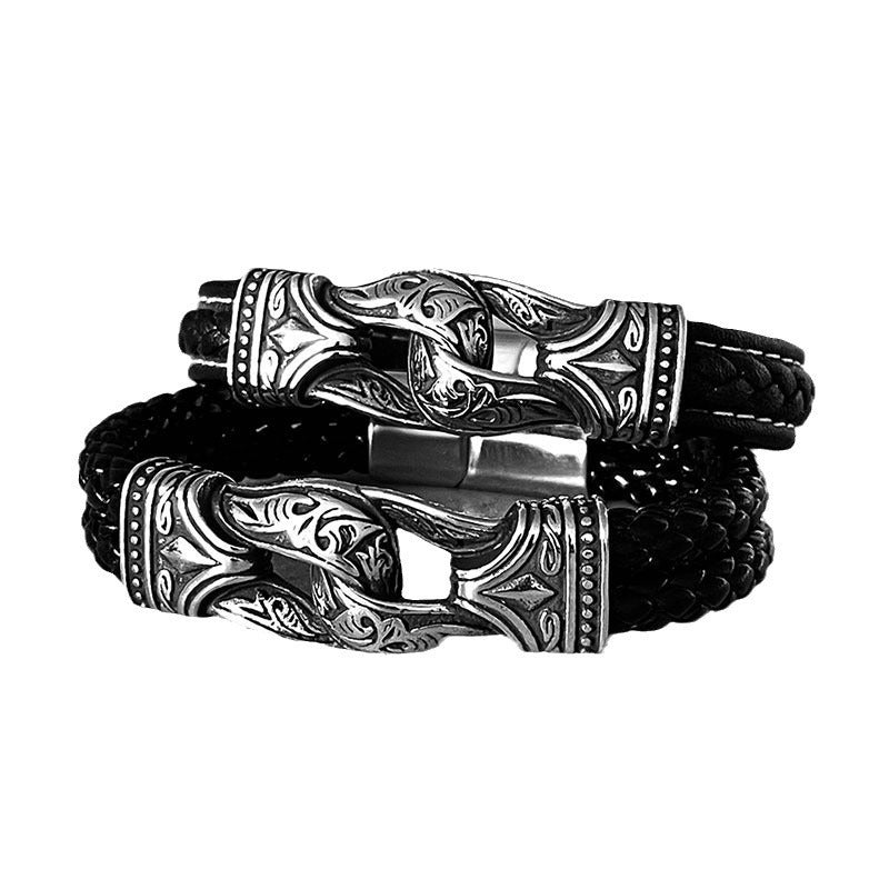 Vintage Titanium Steel Fashion Carved Leather Bracelet