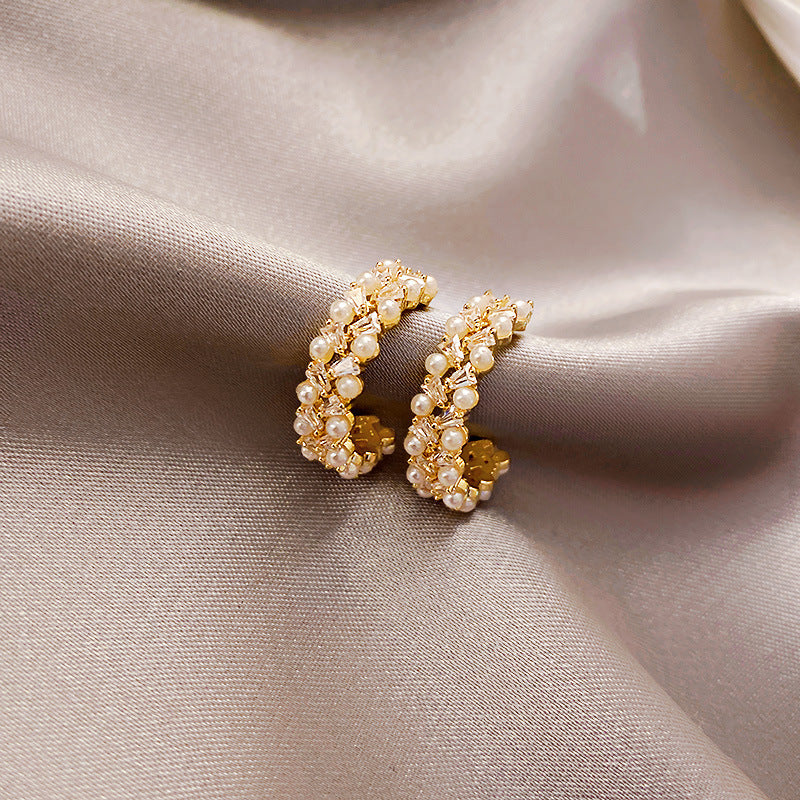 Pearl C-shaped Earrings Female Zircon Micro-set