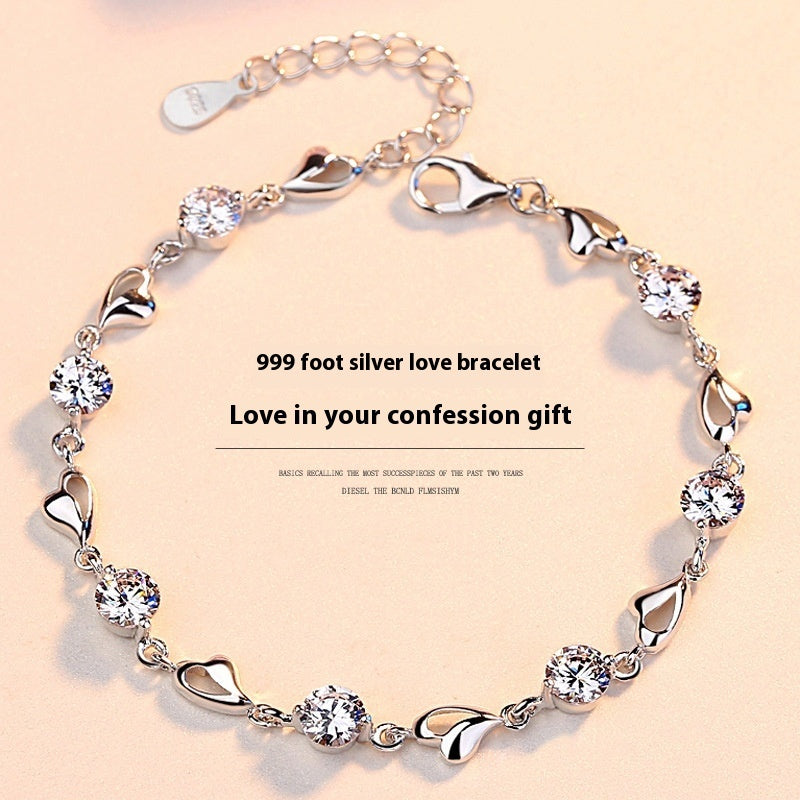 S999 Pure Silver Love Heart  Mori Style  Bracelet