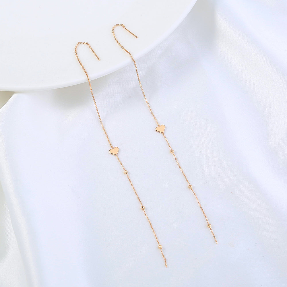 Gold Bronze Heart Long Tassel Drop Earrings