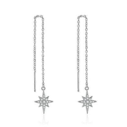 Sterling Silver Star Threader Long Chains Dangle Drop Earrings