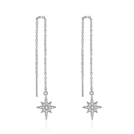 Sterling Silver Star Threader Long Chains Dangle Drop Earrings