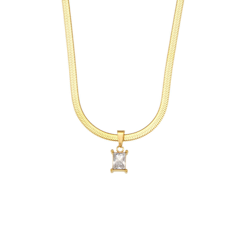 Stainless Steel 18K Gold Chain Square Diamond Pendant Necklace