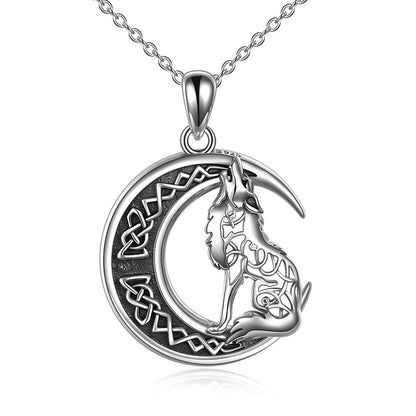 Sterling Silver Howling Wolf at Moon Necklace