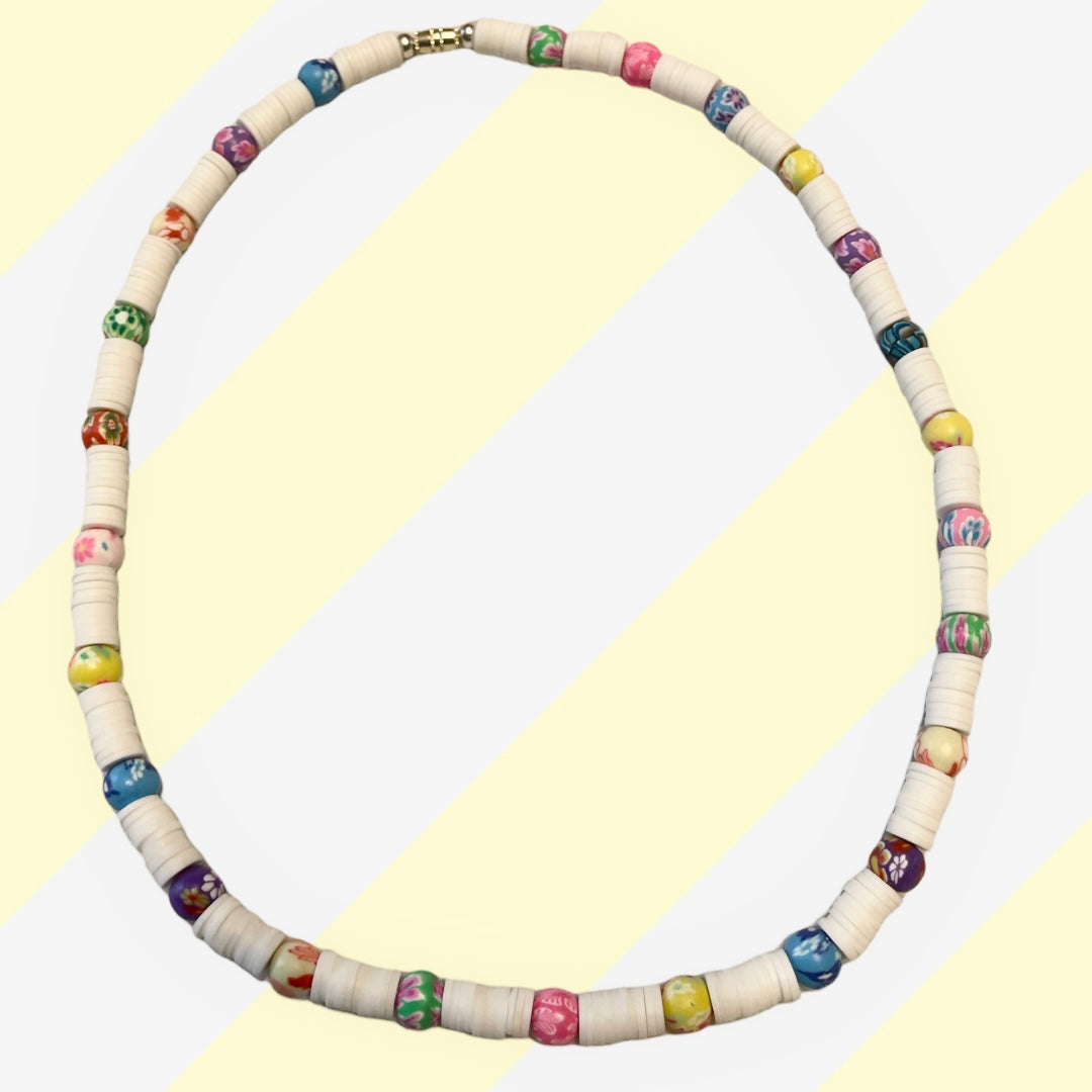 Ethnic Style White with Multicolored Beads Handmade Necklace